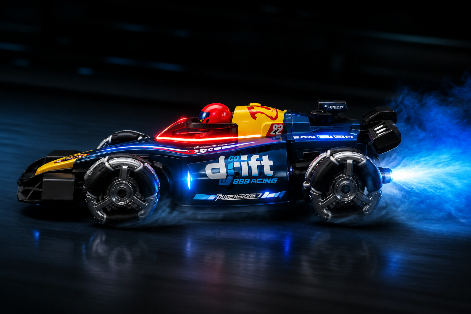 Side profile of GRAPHENE RC car in a dark room with a trail of mist shooting out of its tail pipes during a drift
