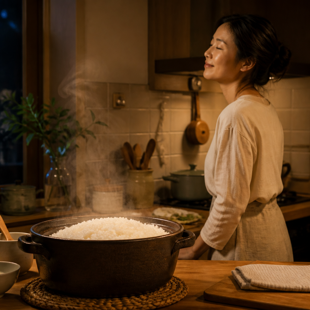 바쁜 하루를 마치고 지친 채로 집에 도착한 엄마가 부엌에서 따뜻한 밥 냄새를 맡으며 안도하는 모습을 보여주는 감성적 사진