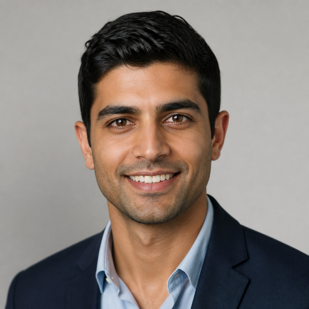Friendly portrait of a young Indian man with short dark hair and light stubble, relaxed smile, wearing a casual collared shirt, soft daylight, neutral background