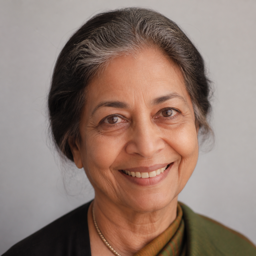 Close-up portrait of an Indian woman in her forties, Anita, warm smile, soft indoor daylight, wearing a colorful kurta, shallow depth of field