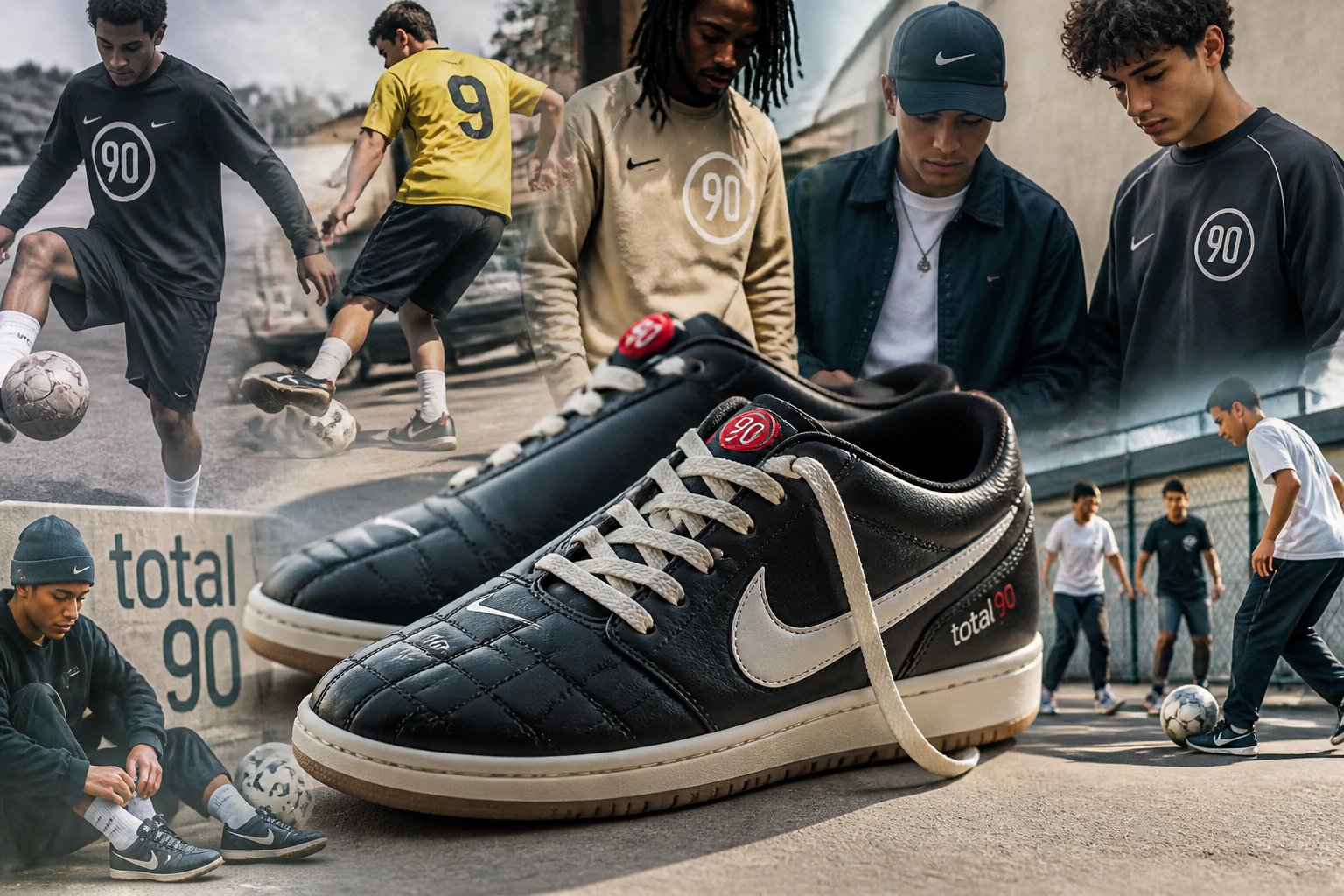 Dynamic montage combining iconic early 2000s football action shots with modern street style photography, showing Total 90 heritage spanning generations