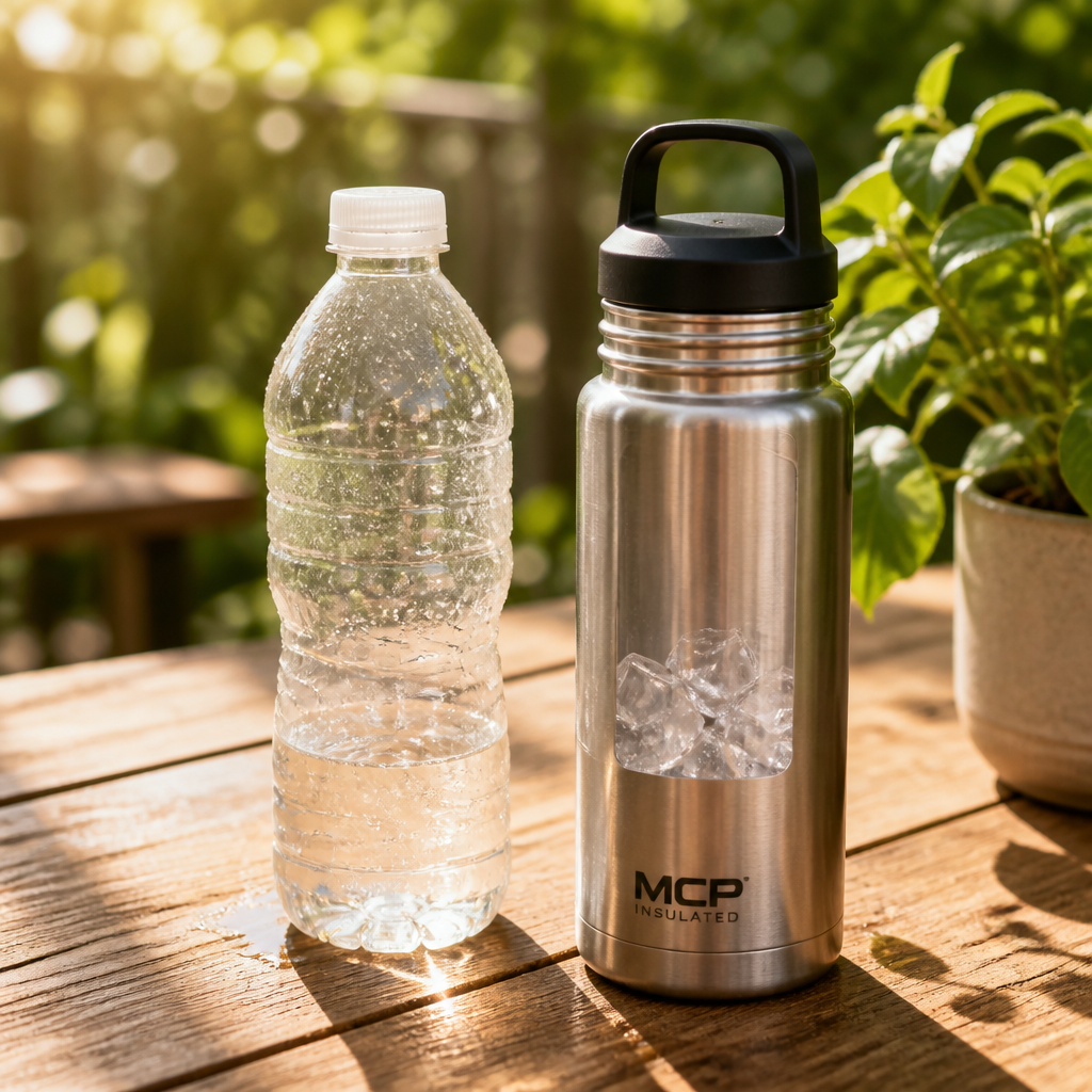 A side-by-side thermal comparison of two water bottles on a sunlit wooden table &mdash; the left bottle is plain unbranded plastic with melted ice and warm water, the right is a brushed steel MCP bottle still half-full of solid ice after 24 hours