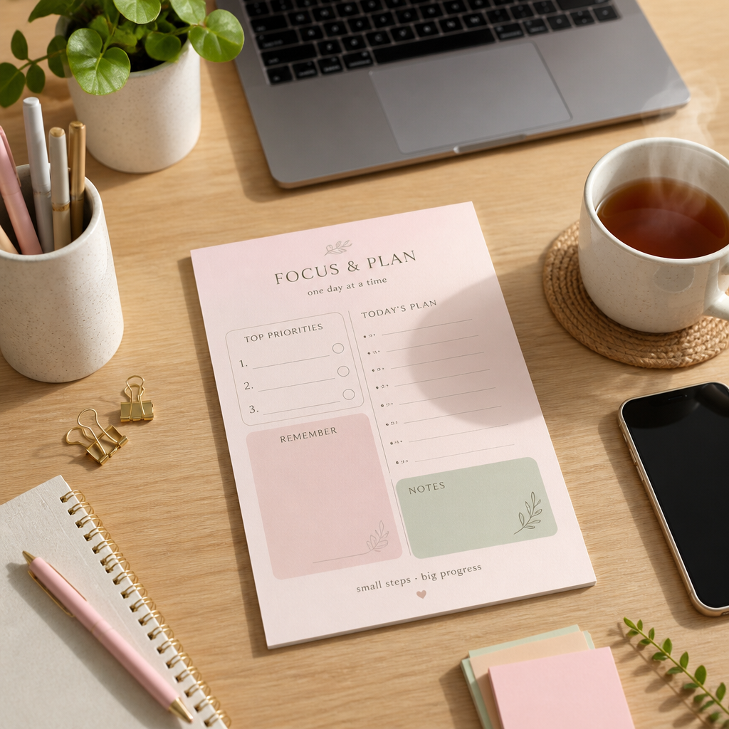 Minimal pastel planning card helping a person choose one clear next task at a tidy desk