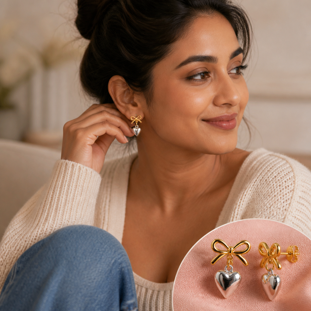 Love Heart Earrings with gold and silver wrapped knot design on soft pink background, professional product photography with gold accent