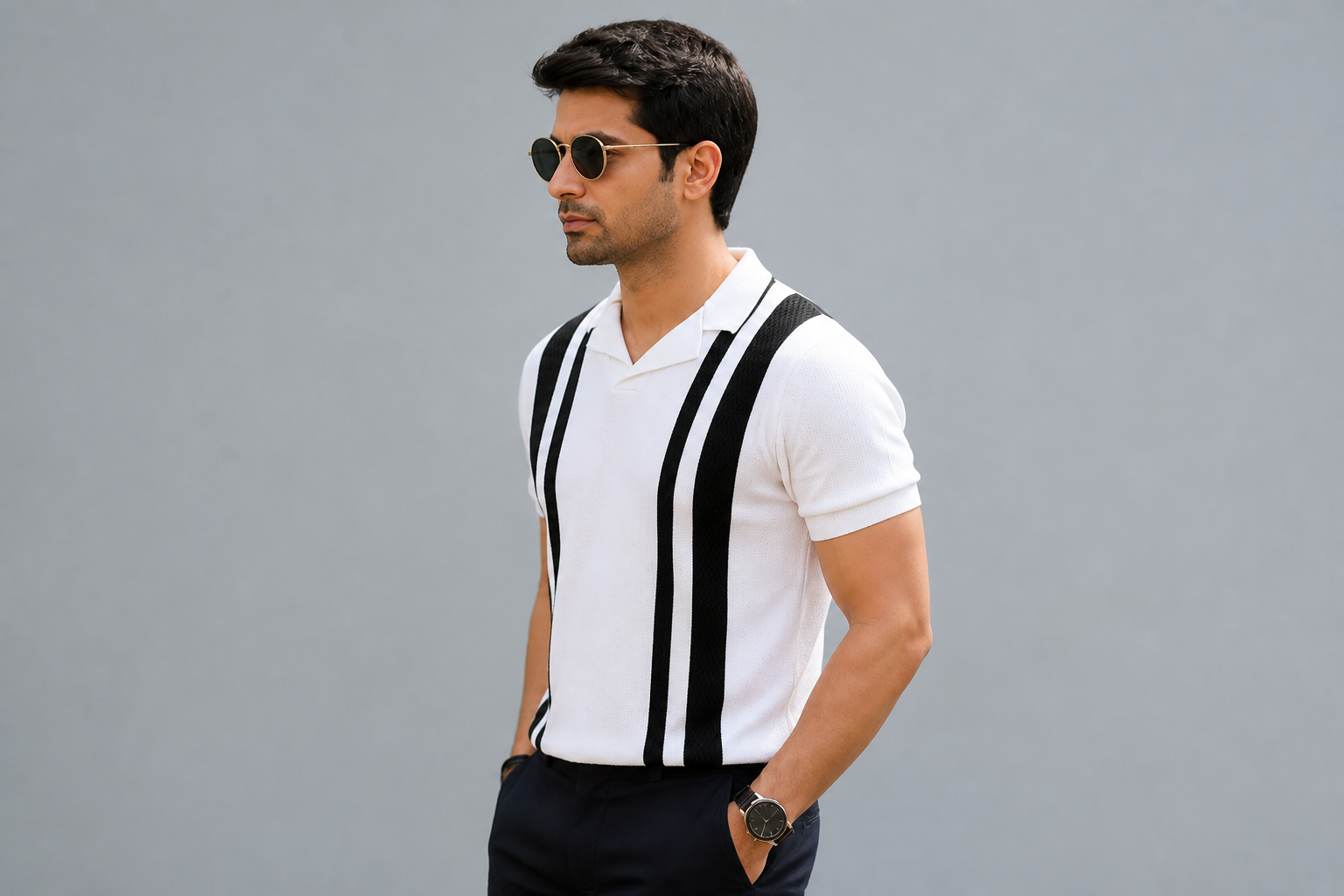 Side-view photograph showing the structured polo collar holding its crisp shape against the wearer's neck, sharp natural lighting, retail-quality detail