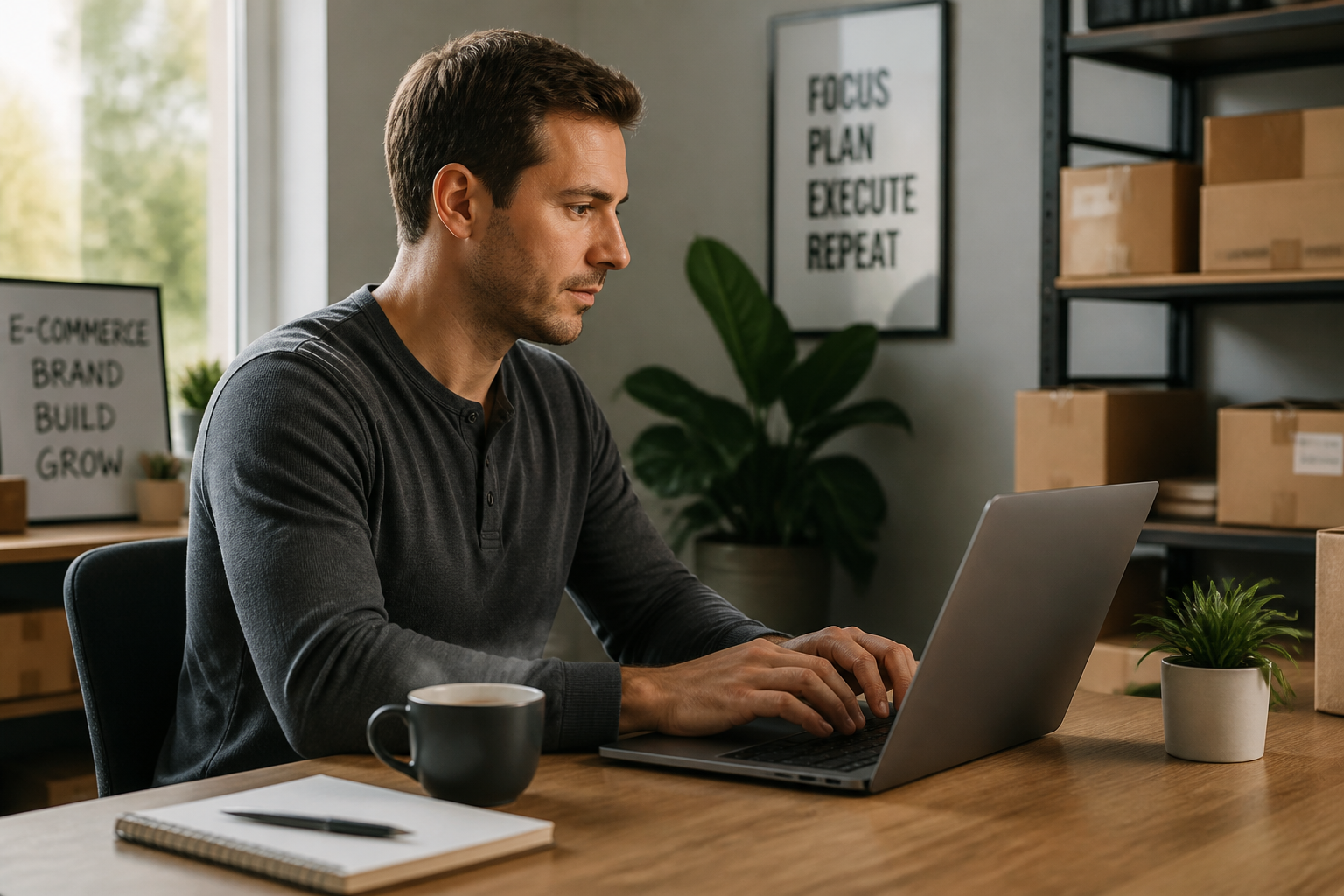E-commerce entrepreneur with laptop showing product catalog and sales analytics dashboard