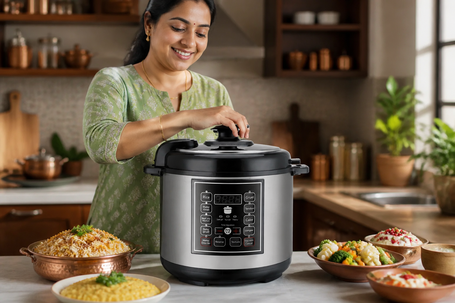 Home chef in traditional Indian kitchen demonstrating the versatility of the pressure cooker with multiple dishes including biryani, khichdi, and steamed vegetables laid out on counter