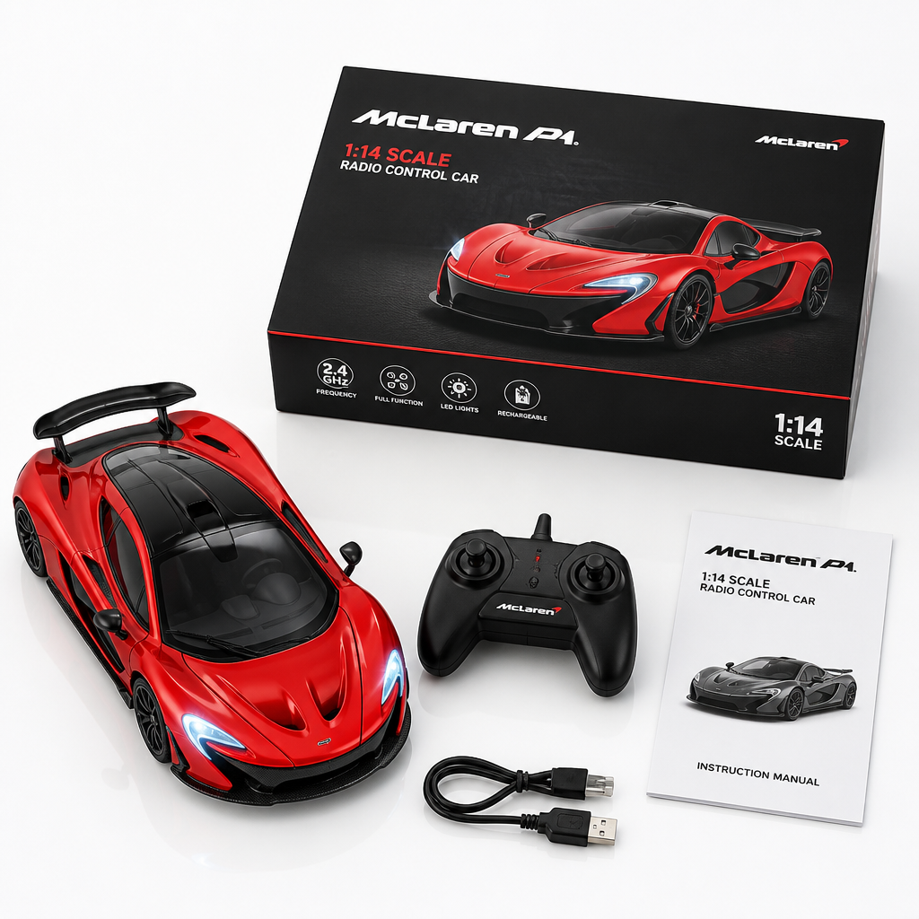 Top-down flat lay product photography of a red 1:14 McLaren P1 RC car alongside its remote control, USB charging cable, instruction manual and premium gift box on a clean white surface