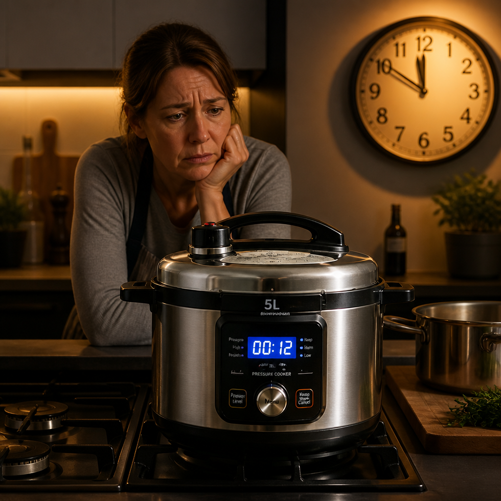 Stressed person watching pot on stove with clock showing late hour, kitchen in evening light