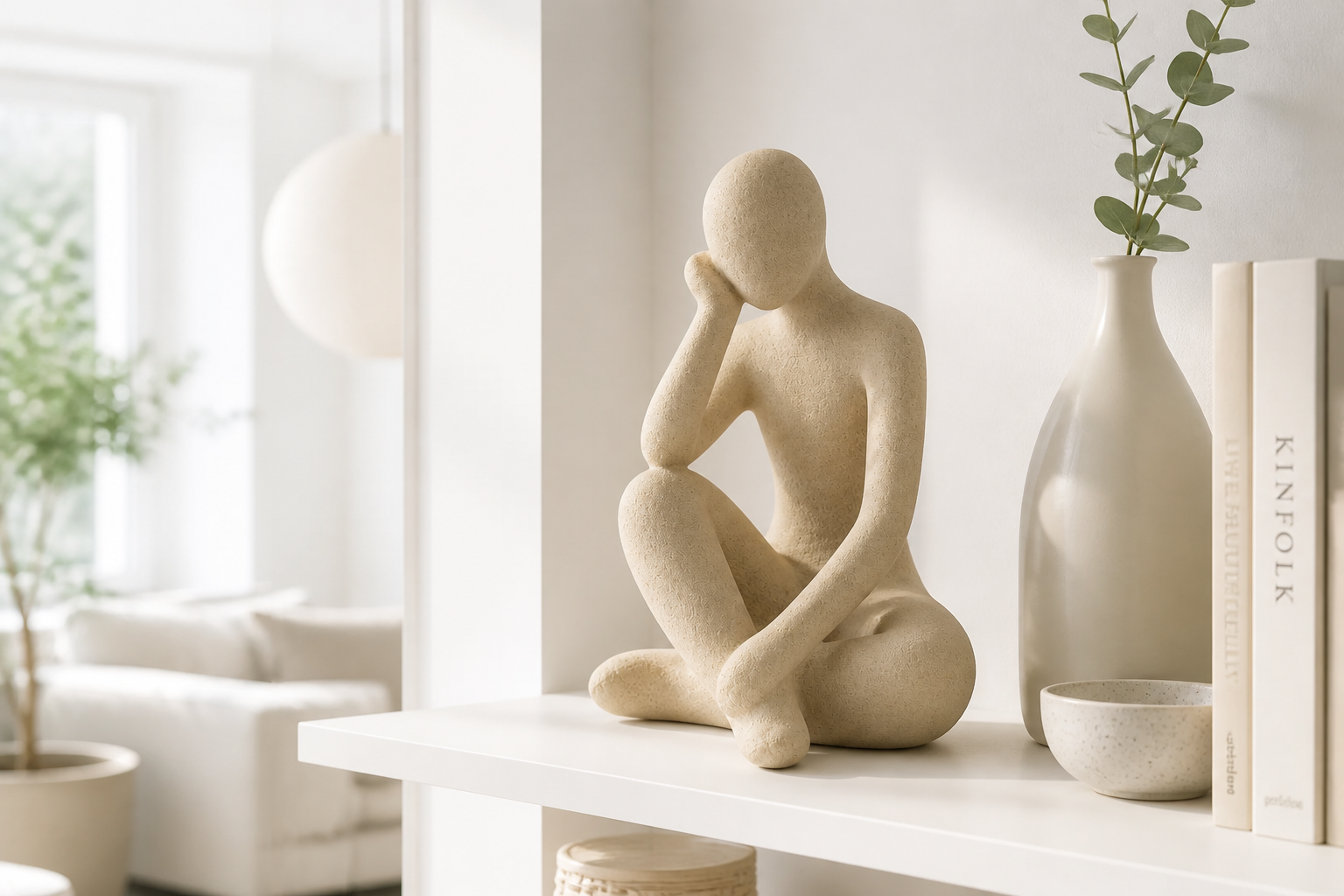 Minimalist white studio apartment with the Thinker Accent as the colorful focal point on a Scandinavian-style shelf
