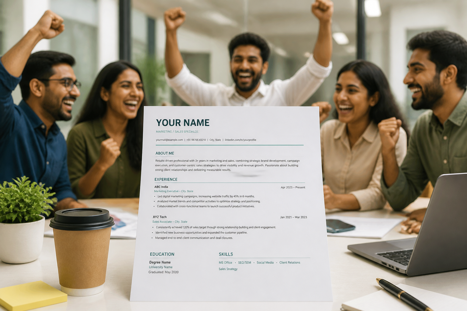 Happy montage of diverse young Indian professionals celebrating job offers with raised hands, smiling, in a bright modern office setting