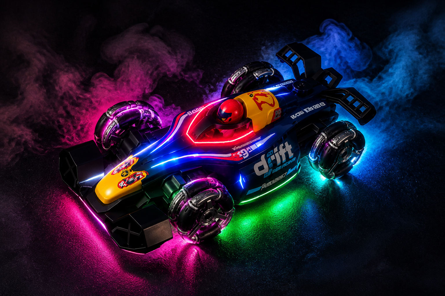 Overhead view of the GRAPHENE RC car in pitch darkness with vibrant pink, blue and green neon underglow lighting up the floor around it