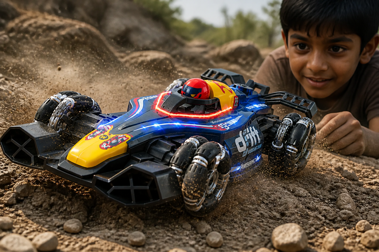 Detail shot of the GRAPHENE RC car monster-truck tyres gripping onto a rocky offroad surface with dust kicked up around them