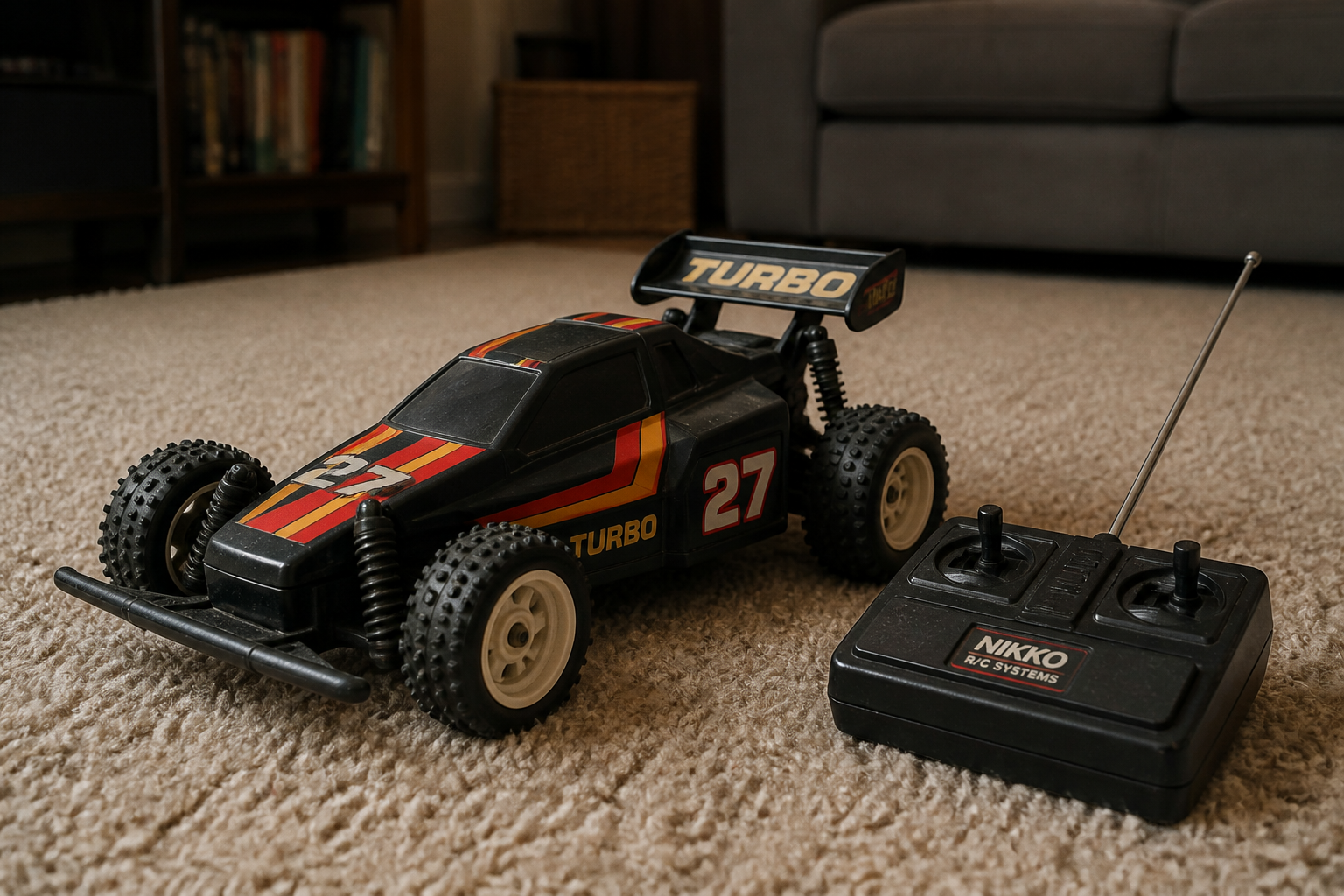 Generic unbranded boring plastic RC toy car with a clunky old-style remote controller on a beige carpet