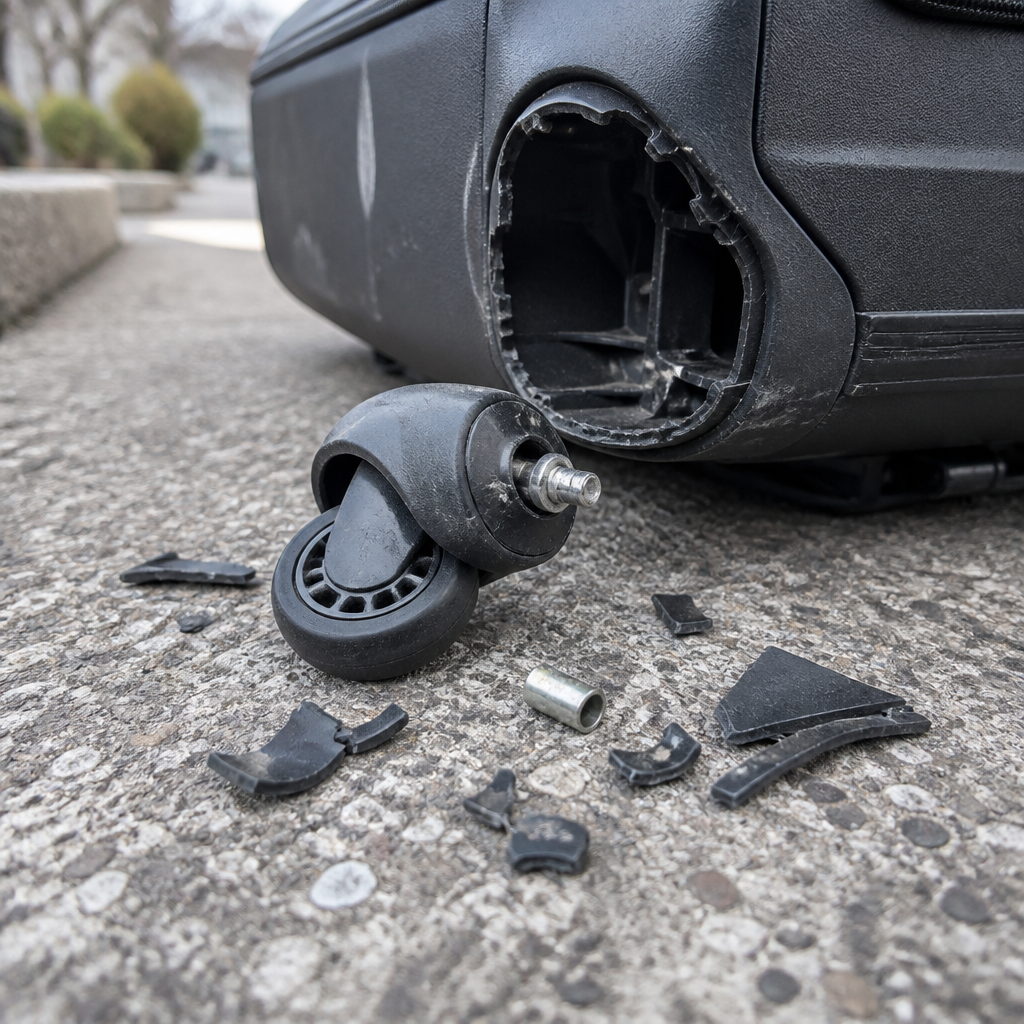 Generic luggage wheel broken and detached on pavement, showing worn plastic and metal parts scattered representing common luggage failure