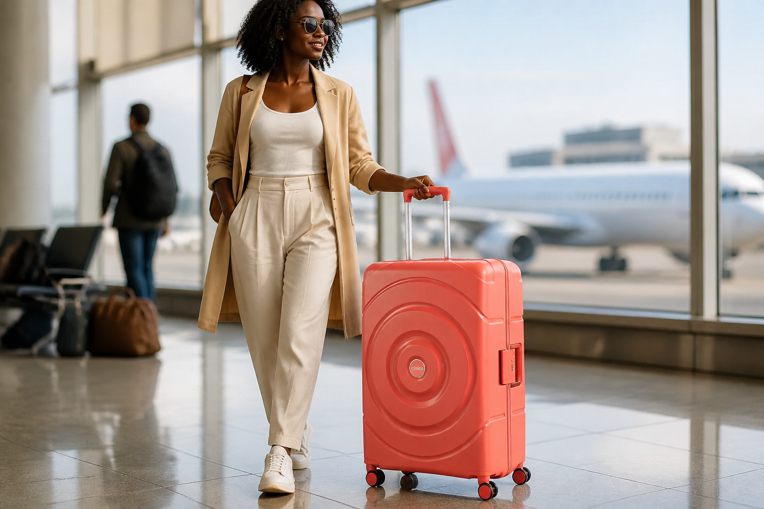 Stylish confident woman in airport wearing sunglasses, effortlessly gliding with sleek coral Circurity luggage on smooth polished floors with blurred airplane in background