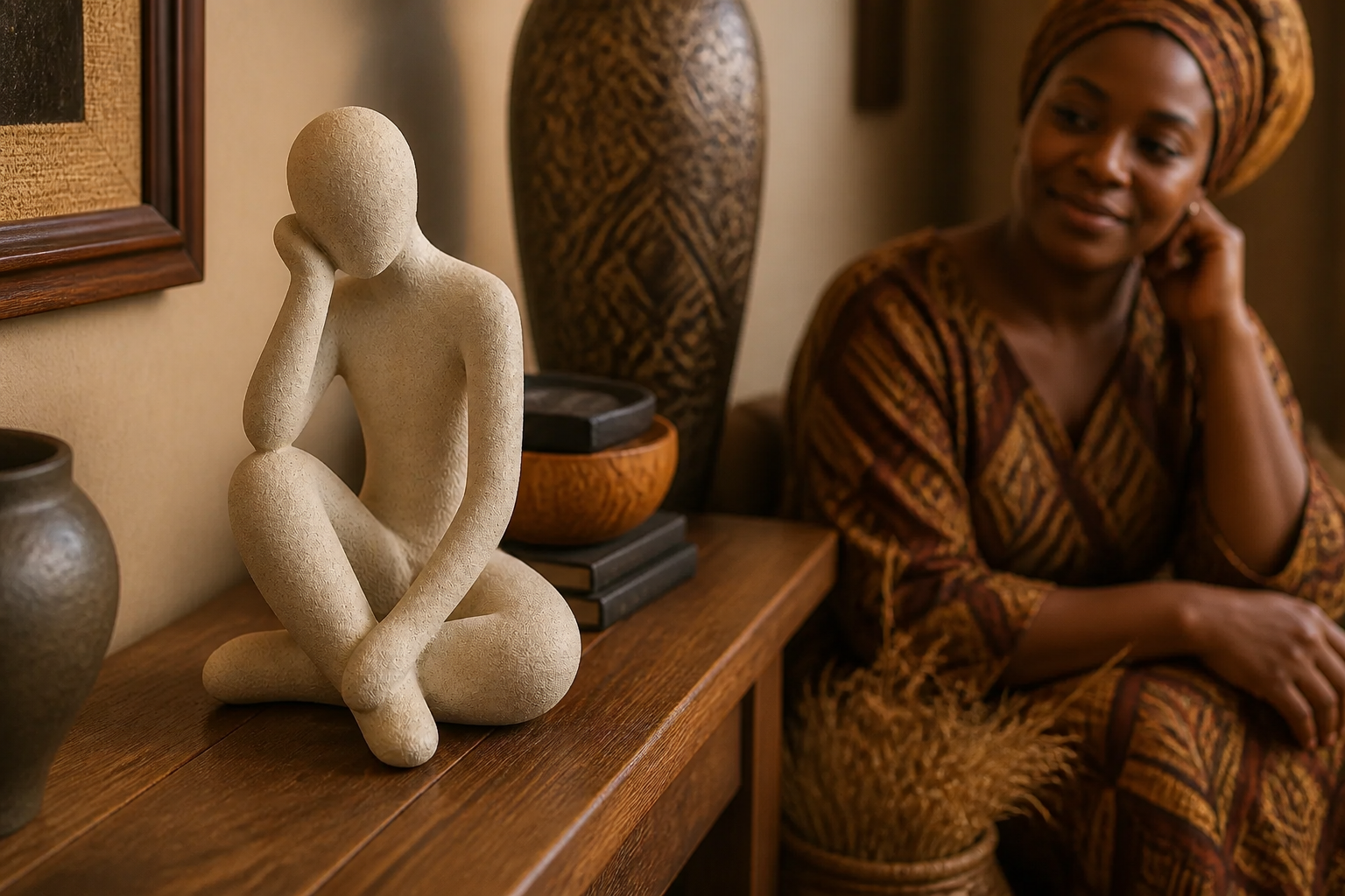 Traditional African home setting with the Thinker Accent displayed on an elegant wooden console table