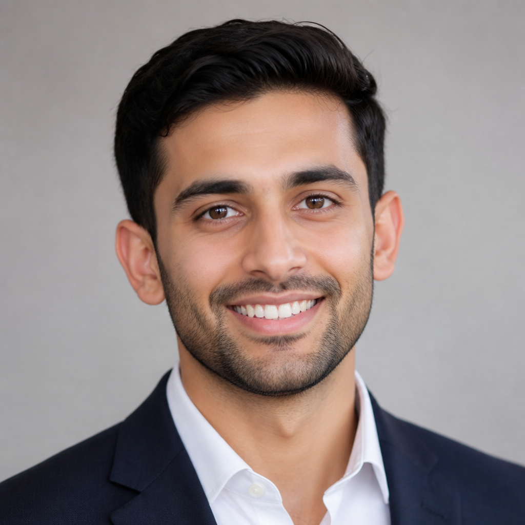 Portrait of a friendly young South Asian man with short dark hair and warm smile, soft natural daylight, shallow depth of field, neutral background
