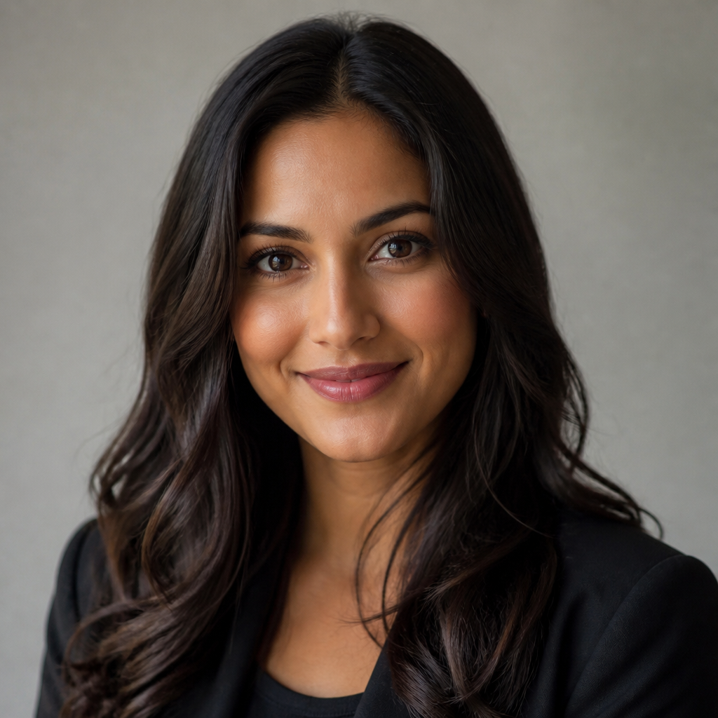 Warm headshot of a smiling South Asian woman in her mid-thirties with long dark hair, soft window light, neutral cream background, natural and friendly expression