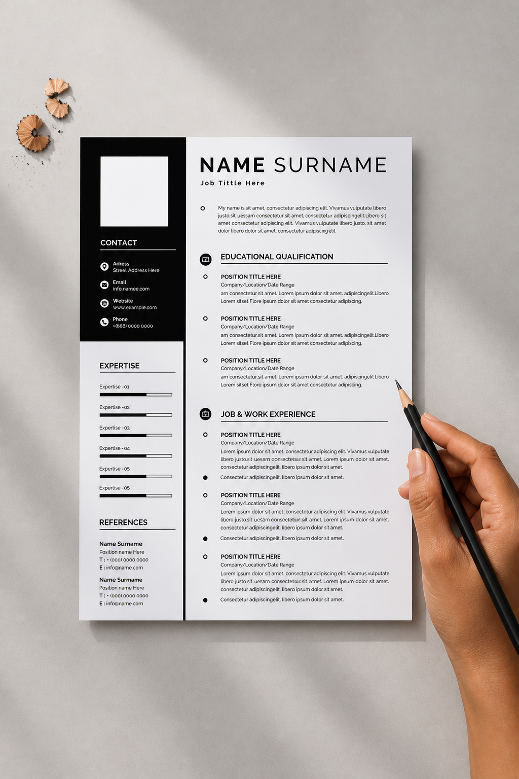 Resume template product preview three with color accents and skill bars layout