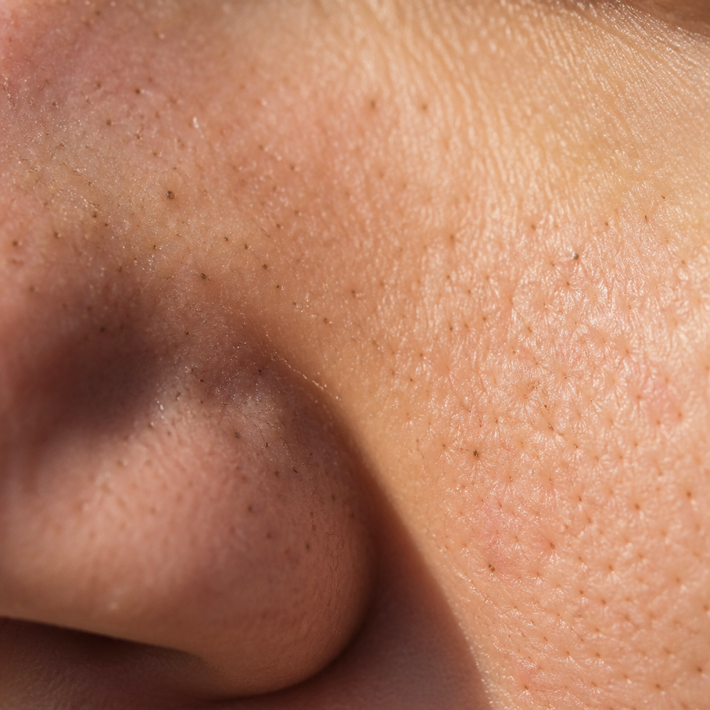 Close-up macro shot showing visible blackheads and enlarged pores on skin texture, natural lighting