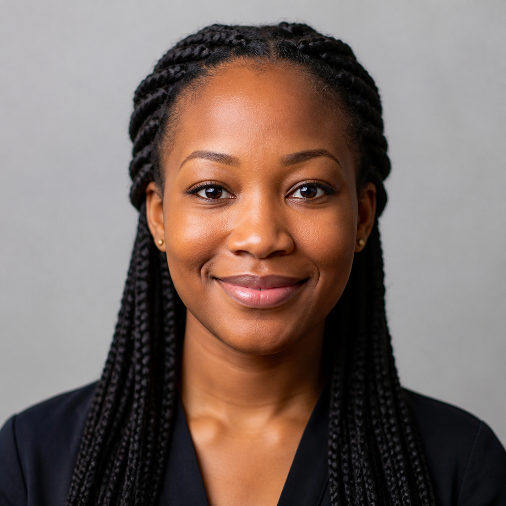 Warm portrait of Amara Okafor, a confident smiling Nigerian woman in her early thirties with natural hair, soft golden hour light, neutral blurred background