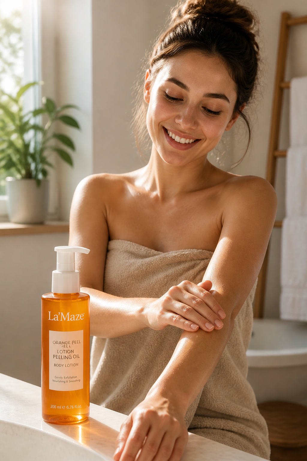 Lifestyle shot of a woman smiling in a sunlit bathroom, applying La'Maze lotion to her shoulders with a serene spa atmosphere