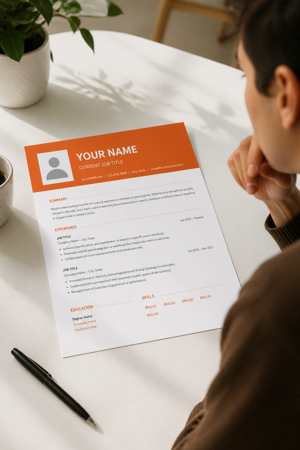 Creative resume template with orange color block header and photo, modern designer style