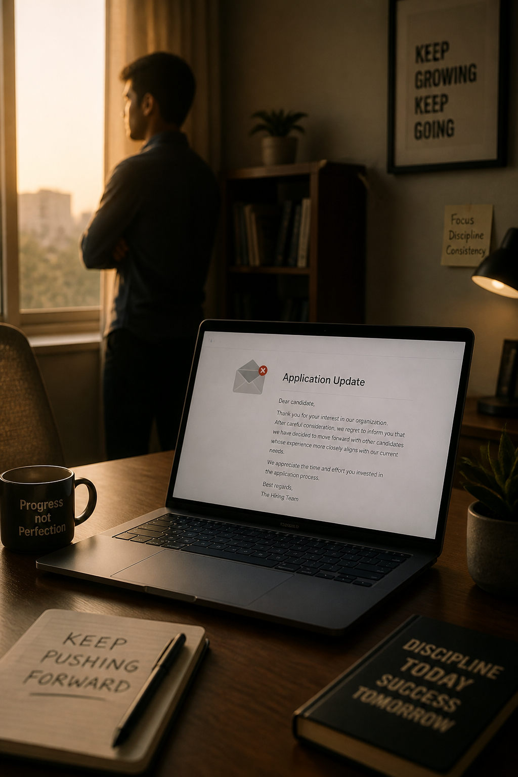 Cinematic shot of a young Indian professional staring sadly at a laptop showing an empty inbox full of rejection emails in soft golden hour light