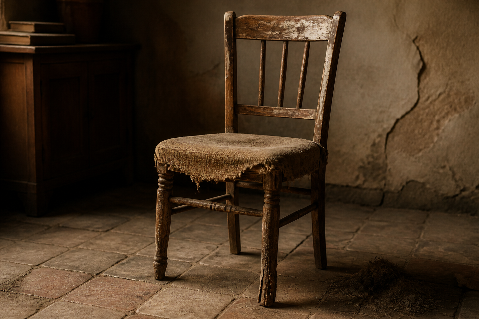Wobbly old wooden chair with one chipped leg, peeling paint, and torn fabric seat sitting in a dim room with cracked floor tiles, dim warm light.