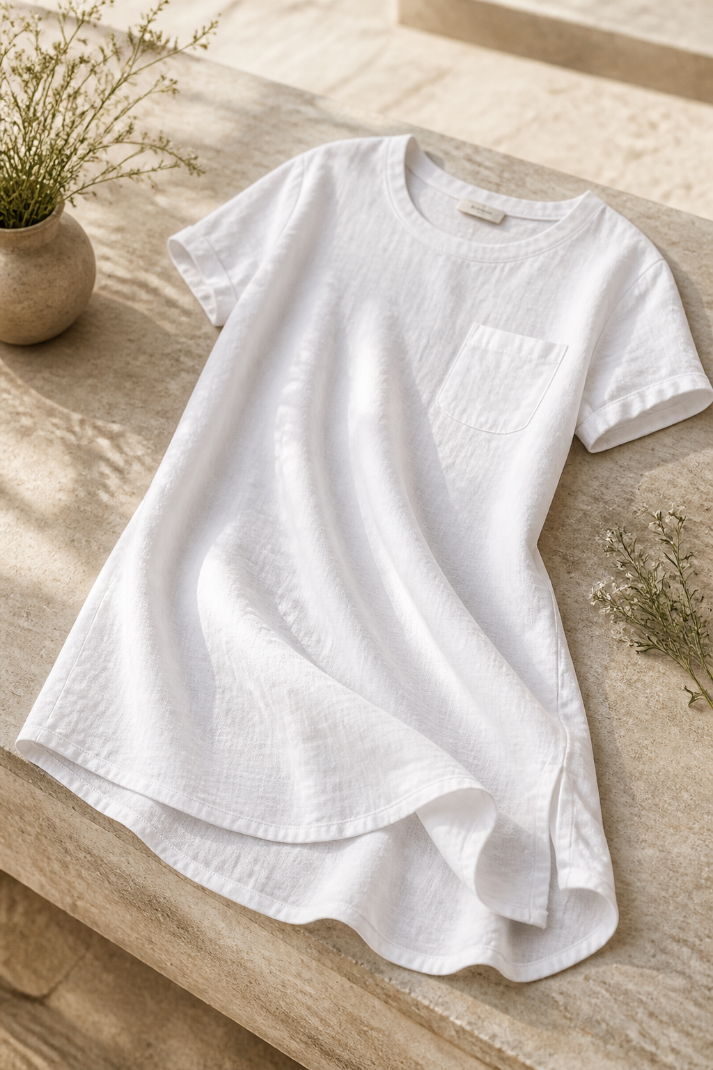 White Ladies T-Shirt in Long length Linen fabric draped elegantly on neutral stone surface with soft morning light and botanical accents