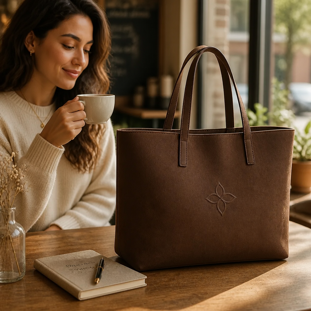Lifestyle editorial image of an Everyday Tote Bag resting on a wooden cafe table beside a coffee cup and a small notebook, soft morning window light streaming in, calm and inviting mood