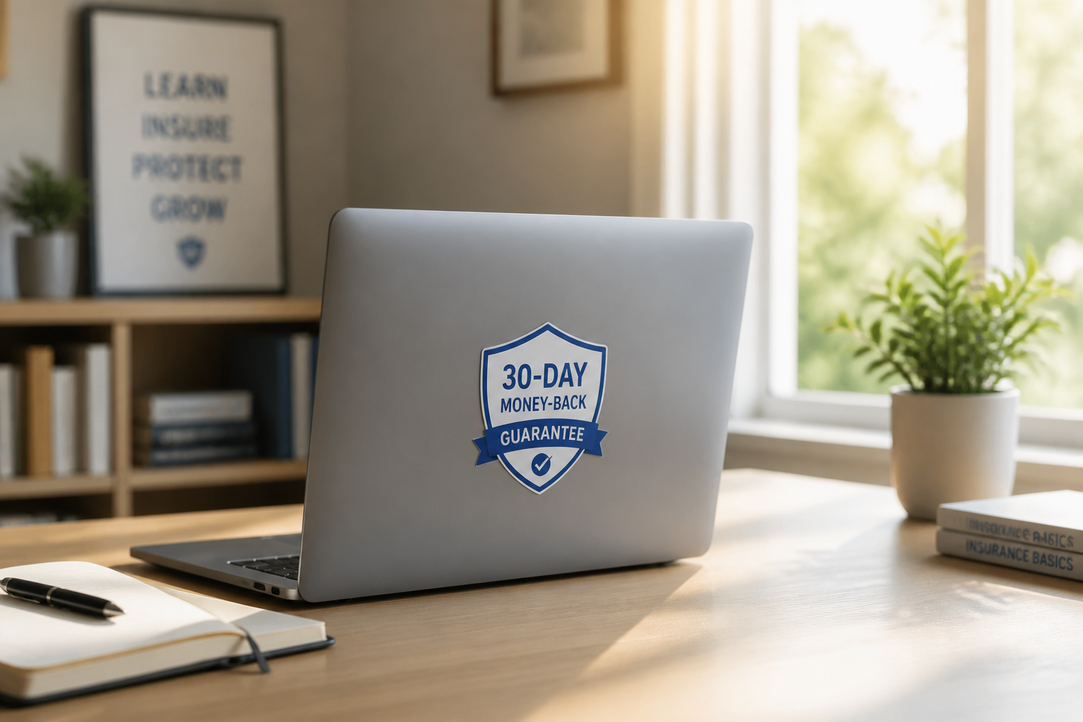 A simple guarantee badge icon with a shield symbol conveying security and protection, featuring a 30-day money-back guarantee seal in professional blue and white colors