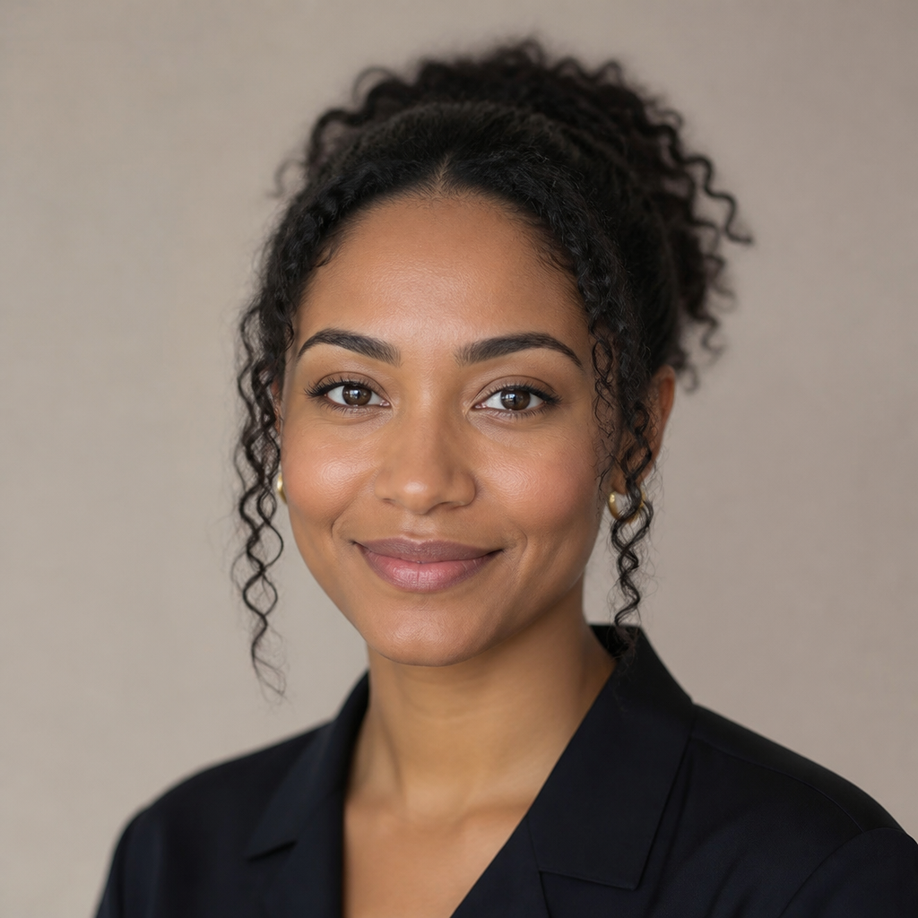 Cheerful headshot of a Black British woman in her late thirties with shoulder-length curly hair, warm indoor lighting, soft gray background, bright genuine smile