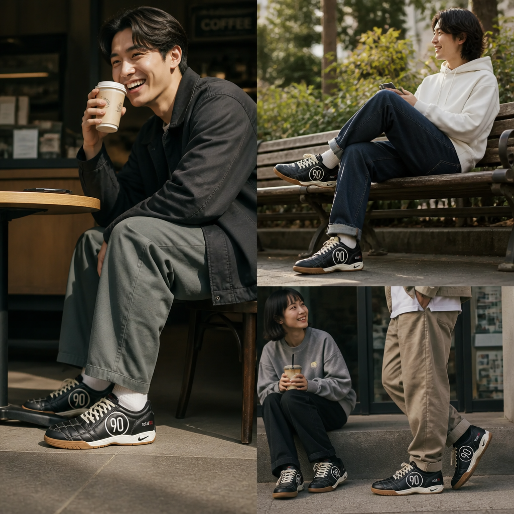 Collage of happy customers wearing the Nike sneakers in three different everyday settings including coffee shop and park bench