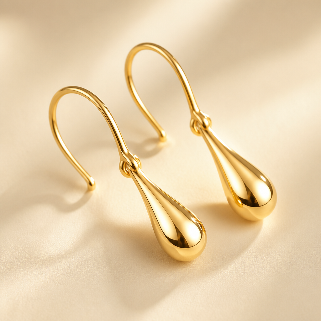 Shining Lumen Hooks earrings in soft golden light, displaying their polished tarnish-resistant finish on a clean cream background