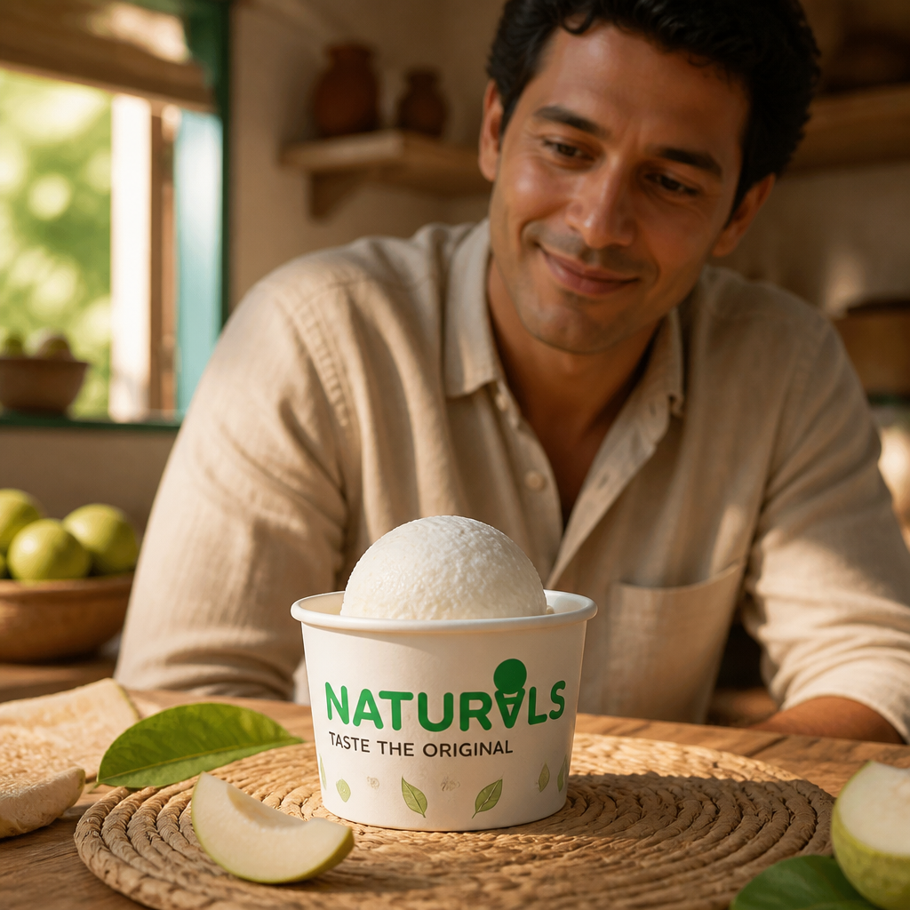 Warm nostalgic photo showing founder Mr Raghunandan Kamath's journey from mango vendor's son to Naturals founder, with mangoes and early shop imagery
