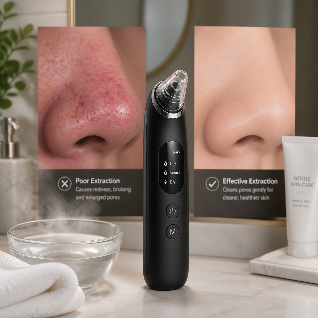 Side by side comparison showing bruised red skin from poor extraction on left versus clean healthy skin result from proper pore vacuum use on right