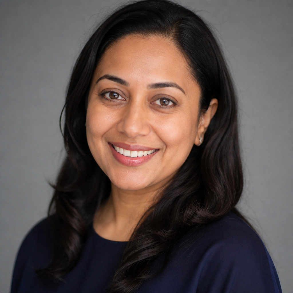 Smiling Indian woman with dark hair pulled back and glowing brown skin, gentle morning light, soft cream backdrop, relaxed and happy verified buyer headshot for skincare testimonial