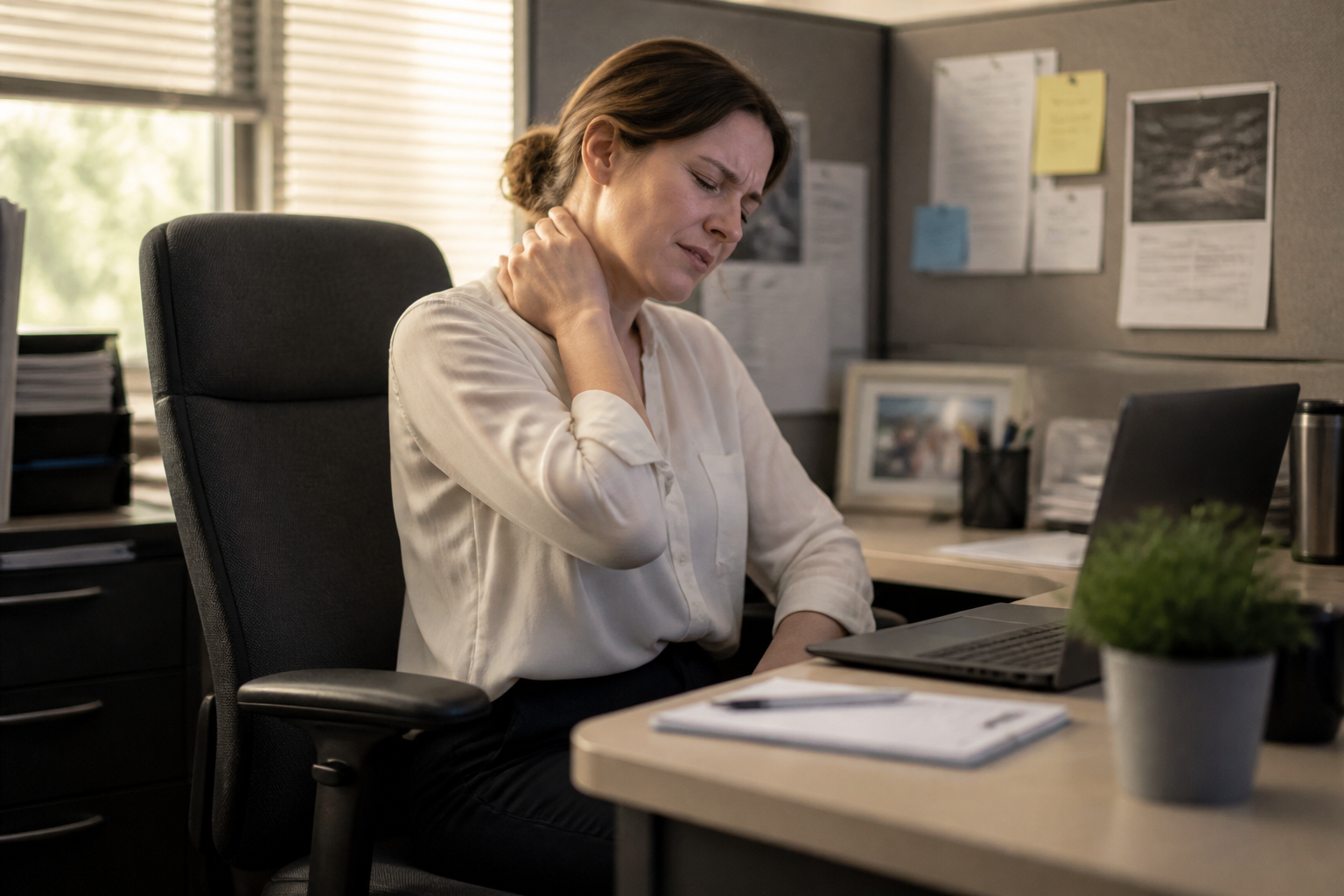 Lifestyle scene of an exhausted person shifting uncomfortably in a stiff office chair, holding their neck with a laptop open in front