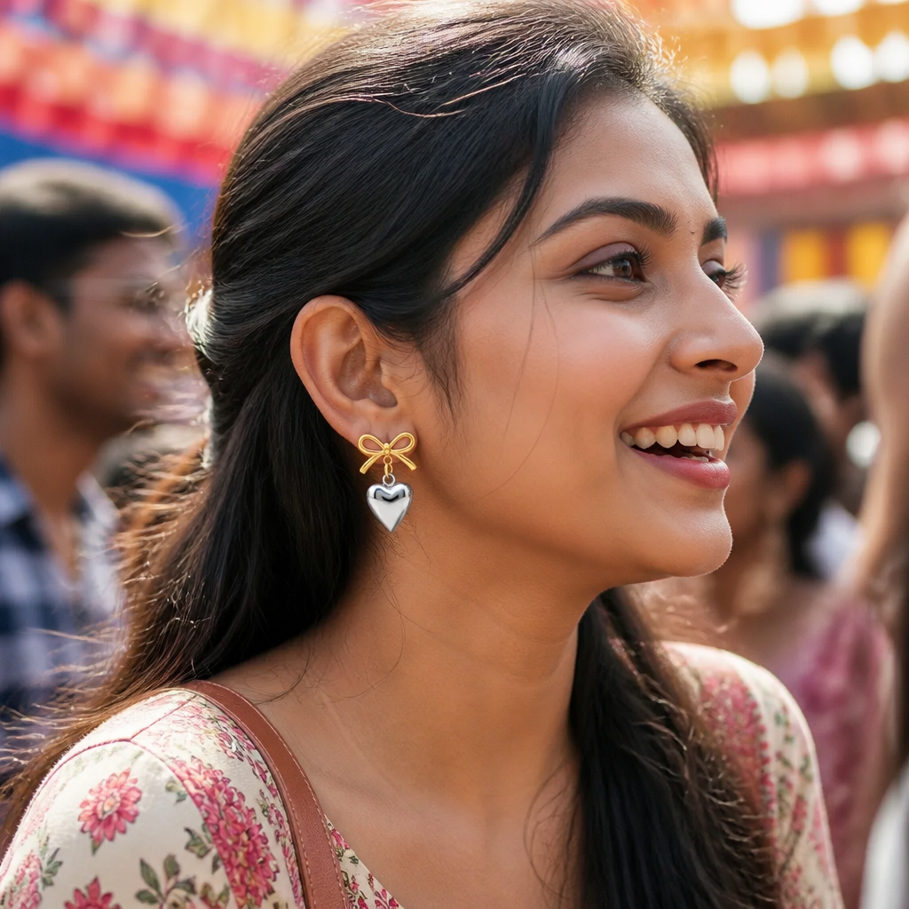 Young Indian woman wearing Love Heart Earrings at college fest with vibrant background and casual styling