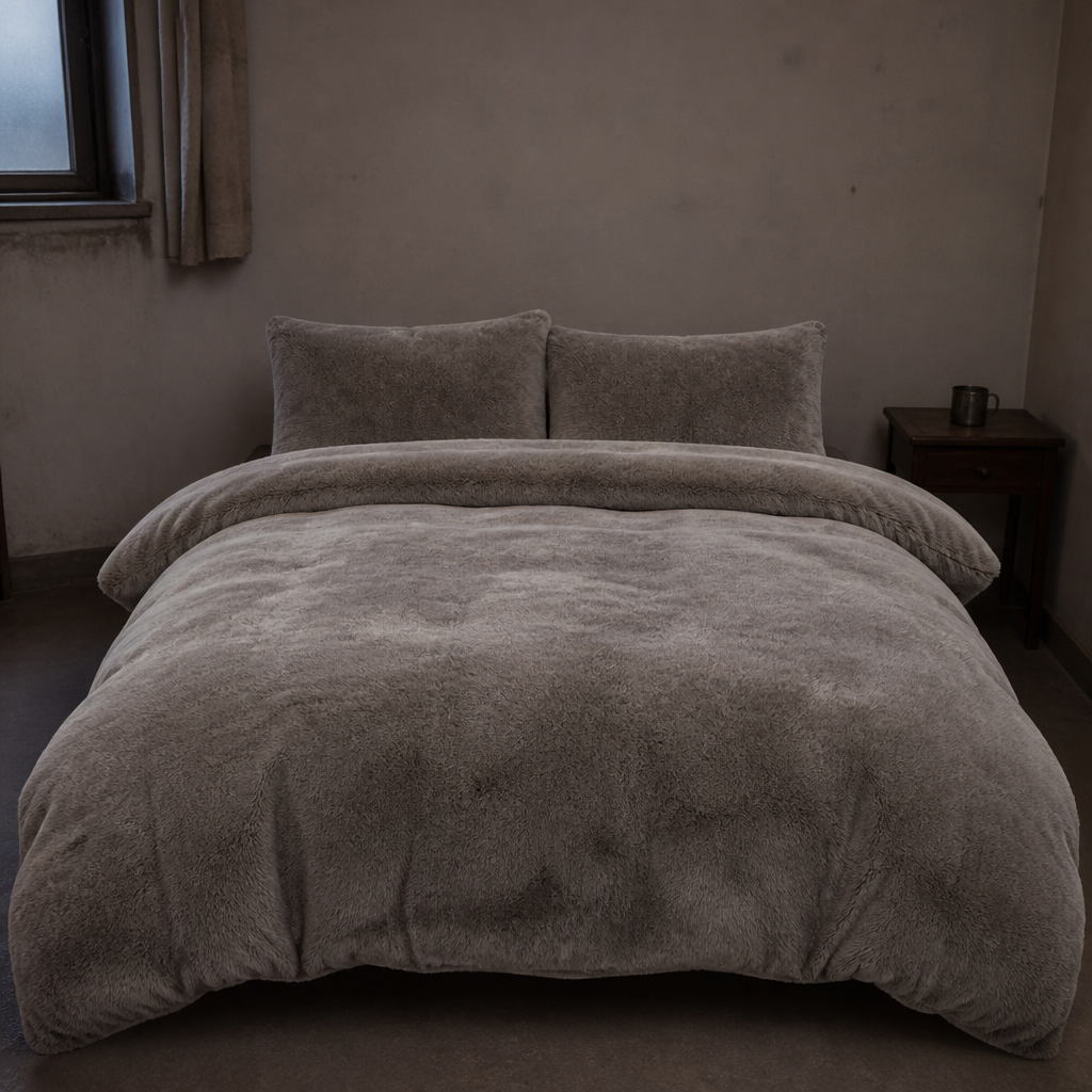 Unbranded generic bedroom showing a thin, worn-looking blanket on the bed with poor lighting and no decorative elements, looking basic and uncomfortable for winter