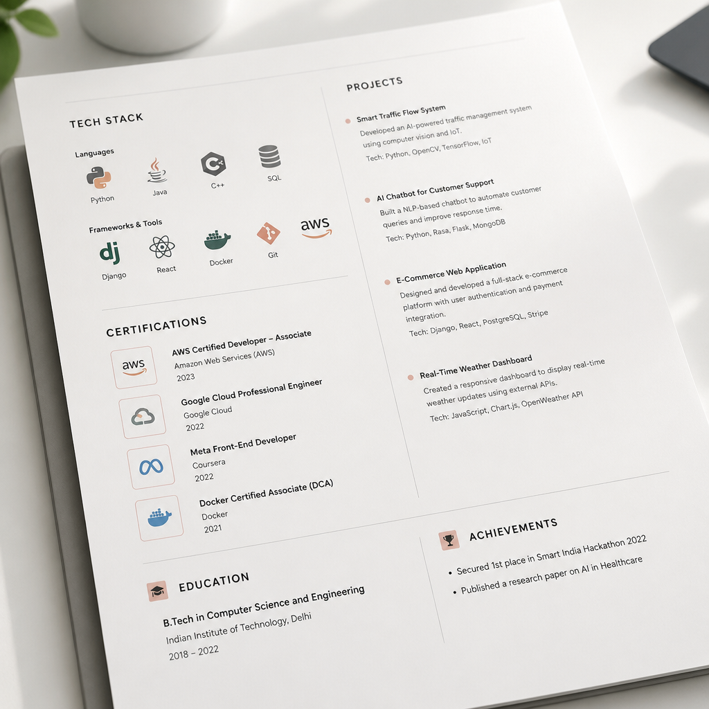 Inner section of an engineering resume template displaying structured tech stack icons, project lists and certifications in a clean grid layout