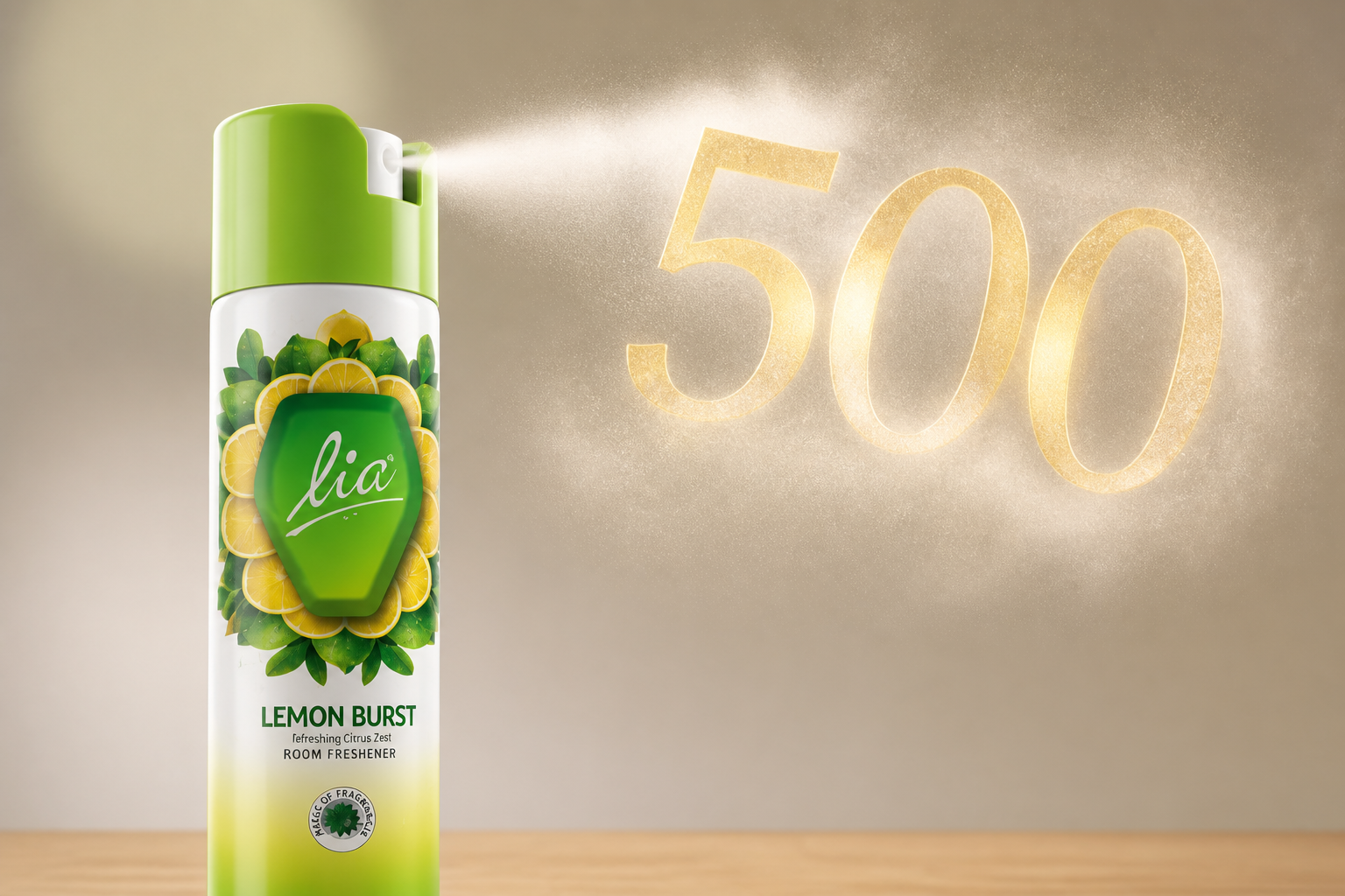 Macro close-up of LIA spray nozzle releasing a fine mist cloud with a giant translucent 500 number overlay in bold gold typography