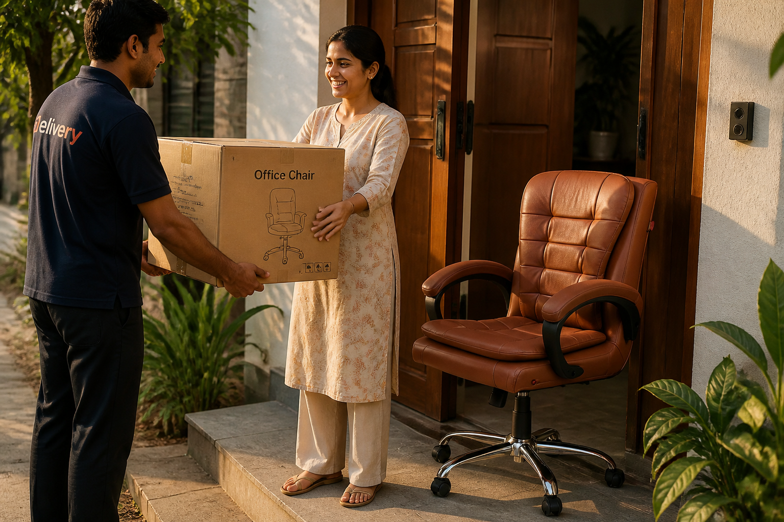 Friendly delivery person handing over a cardboard chair box to a smiling customer at their front door in warm afternoon light