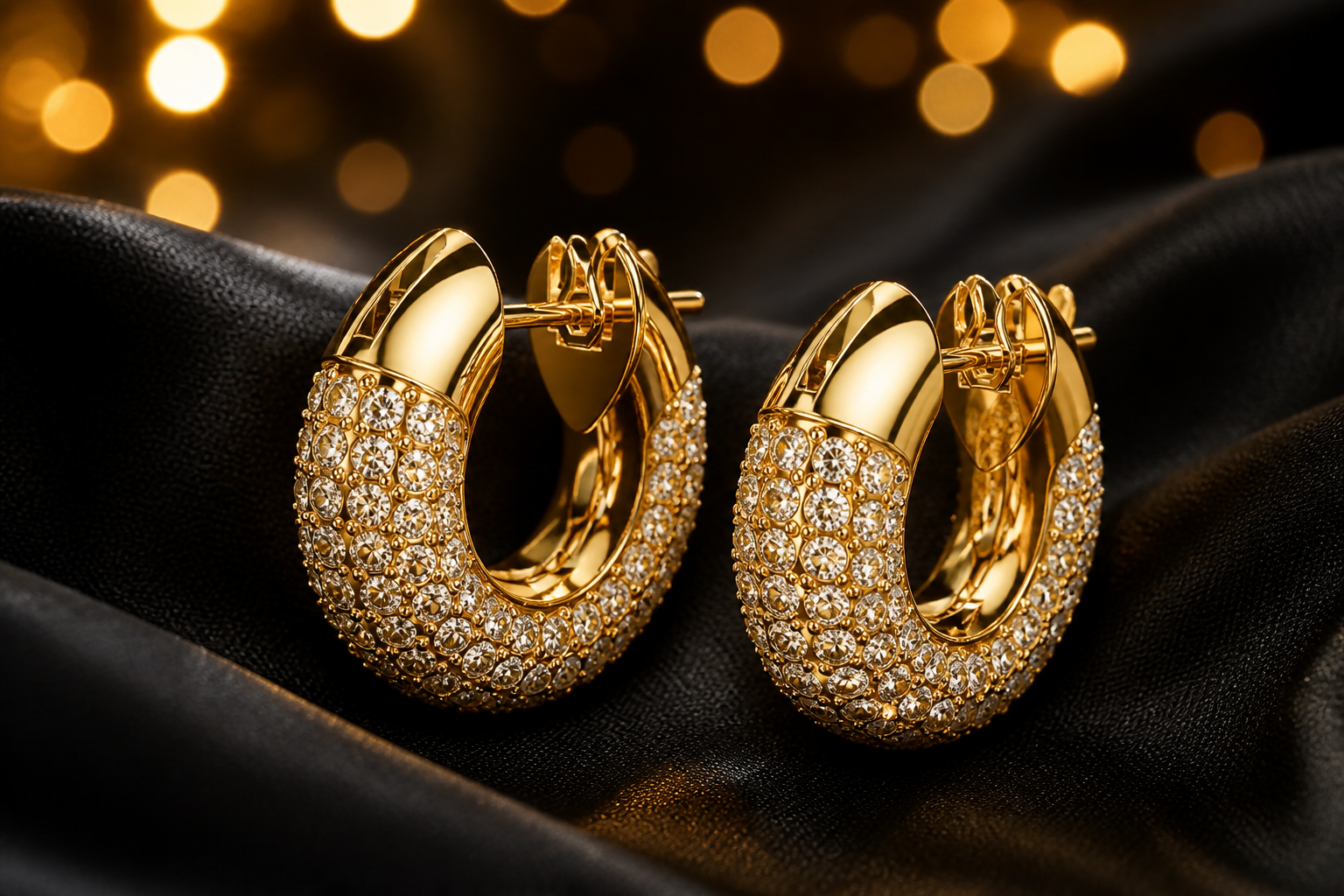 Final hero beauty shot of Swarovski Dextera small hoop earrings laid on black silk with golden bokeh lights in background