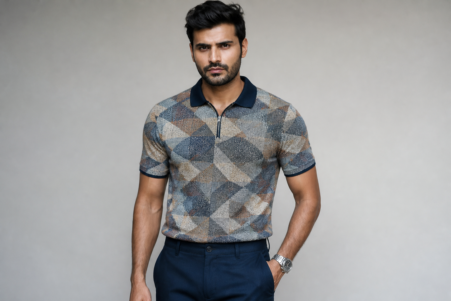Flat-lay product photograph of size L polo with multicolour geometric pattern, neatly arranged on a warm cream cotton backdrop, soft studio lighting