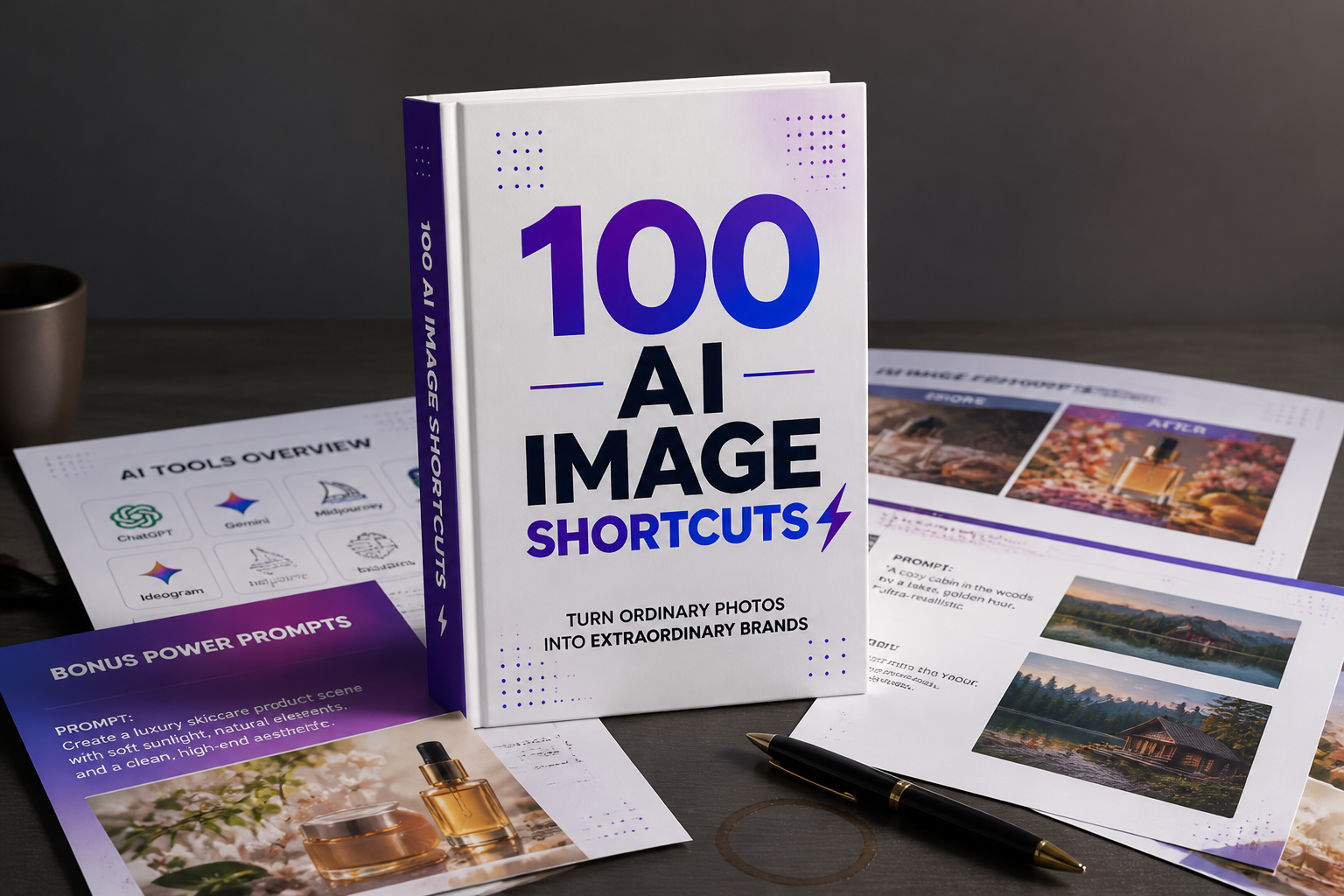 Exploded view of the PDF showing colorful pages of AI image shortcuts and bonus power prompts with example AI visuals scattered around a dark creative desk