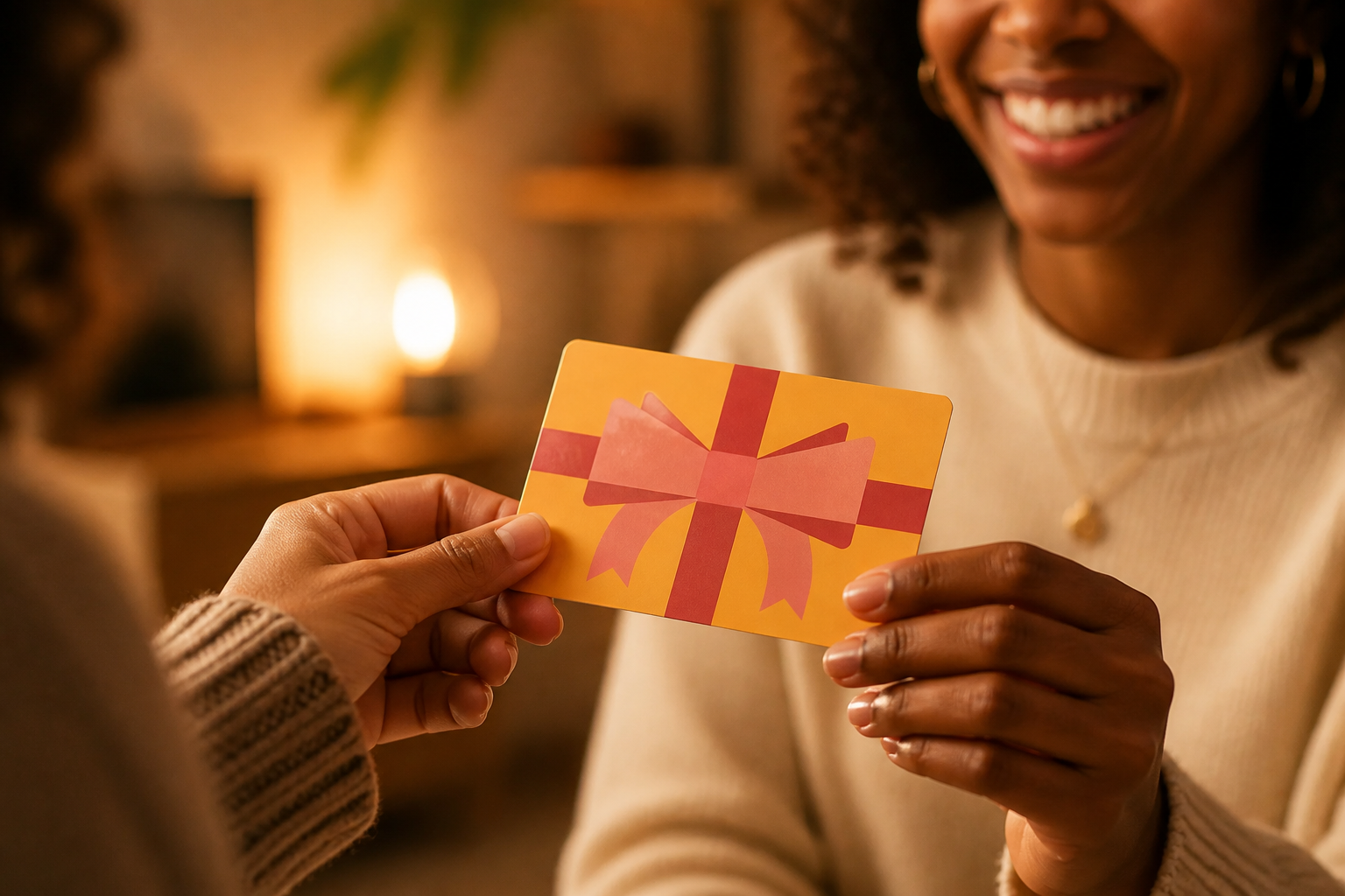 A joyful gift exchange moment between two people with warm celebratory atmosphere and soft golden lighting