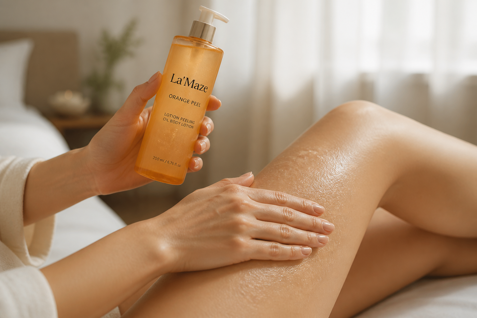 Close-up of hands gently massaging La'Maze orange peel lotion onto clean skin with visible creamy texture and soft citrus glow